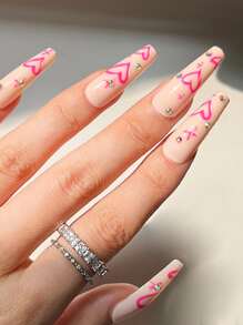 24 piezas Uña postiza larga ataúd con patrón de corazón 3d con diseño de diamante de imitación & 1 pieza lima de uñas & 1 hoja cinta - Multicolor - Ver 1