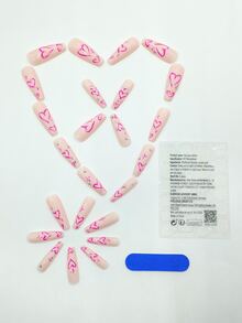 24 piezas Uña postiza larga ataúd con patrón de corazón 3d con diseño de diamante de imitación & 1 pieza lima de uñas & 1 hoja cinta - Multicolor - Ver 2