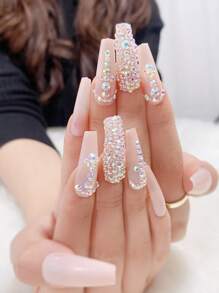 Instantly Upgrade Your Look With 24pcs Long Coffin Matte 3D Rhinestone Decor Fake Nail & 1pc Nail File & 1sheet Tape For Women And Girls - Multicolor - View 1