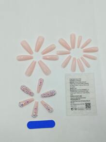 Instantly Upgrade Your Look With 24pcs Long Coffin Matte 3D Rhinestone Decor Fake Nail & 1pc Nail File & 1sheet Tape For Women And Girls - Multicolor - View 2