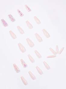 Instantly Upgrade Your Look With 24pcs Long Coffin Matte 3D Rhinestone Decor Fake Nail & 1pc Nail File & 1sheet Tape For Women And Girls - Multicolor - View 3