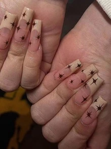 Elevate Your Style with 24pcs Long Coffin Khaki French Star Pattern Fake Nail & 1pc Nail File & 1sheet Tape - Multicolor - View 1