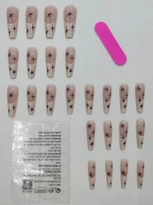 Elevate Your Style with 24pcs Long Coffin Khaki French Star Pattern Fake Nail & 1pc Nail File & 1sheet Tape - Multicolor - View 2