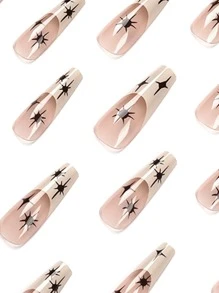 Elevate Your Style with 24pcs Long Coffin Khaki French Star Pattern Fake Nail & 1pc Nail File & 1sheet Tape - Multicolor - View 5