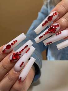 Mejora tu aspecto con 24 piezas de ataúd largo rojo 3D decoración de diamantes de imitación uñas postizas y 1 lima de uñas y 1 hoja de cinta para mujeres y niñas - Multicolor - Ver 1