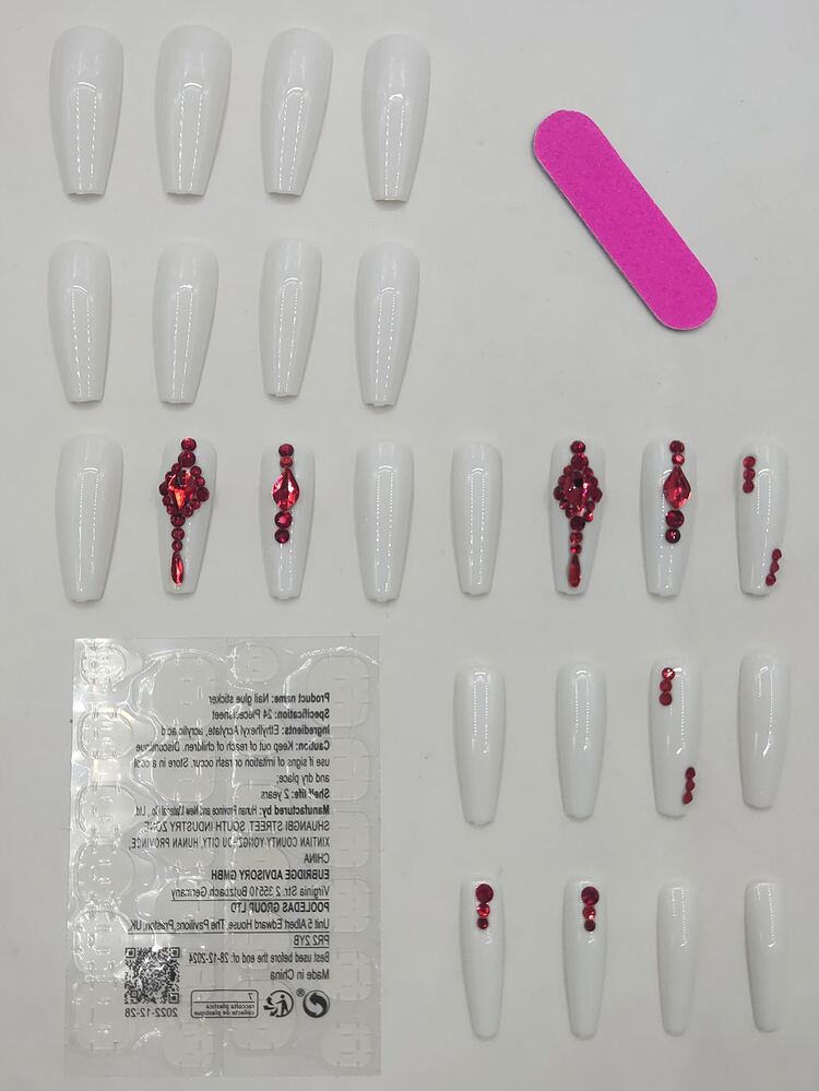 Upgrade Your Look With 24pcs Long Coffin Red 3D Rhinestone Decor Fake Nail & 1pc Nail File & 1sheet Tape For Women And Girls - Multicolor - View 2