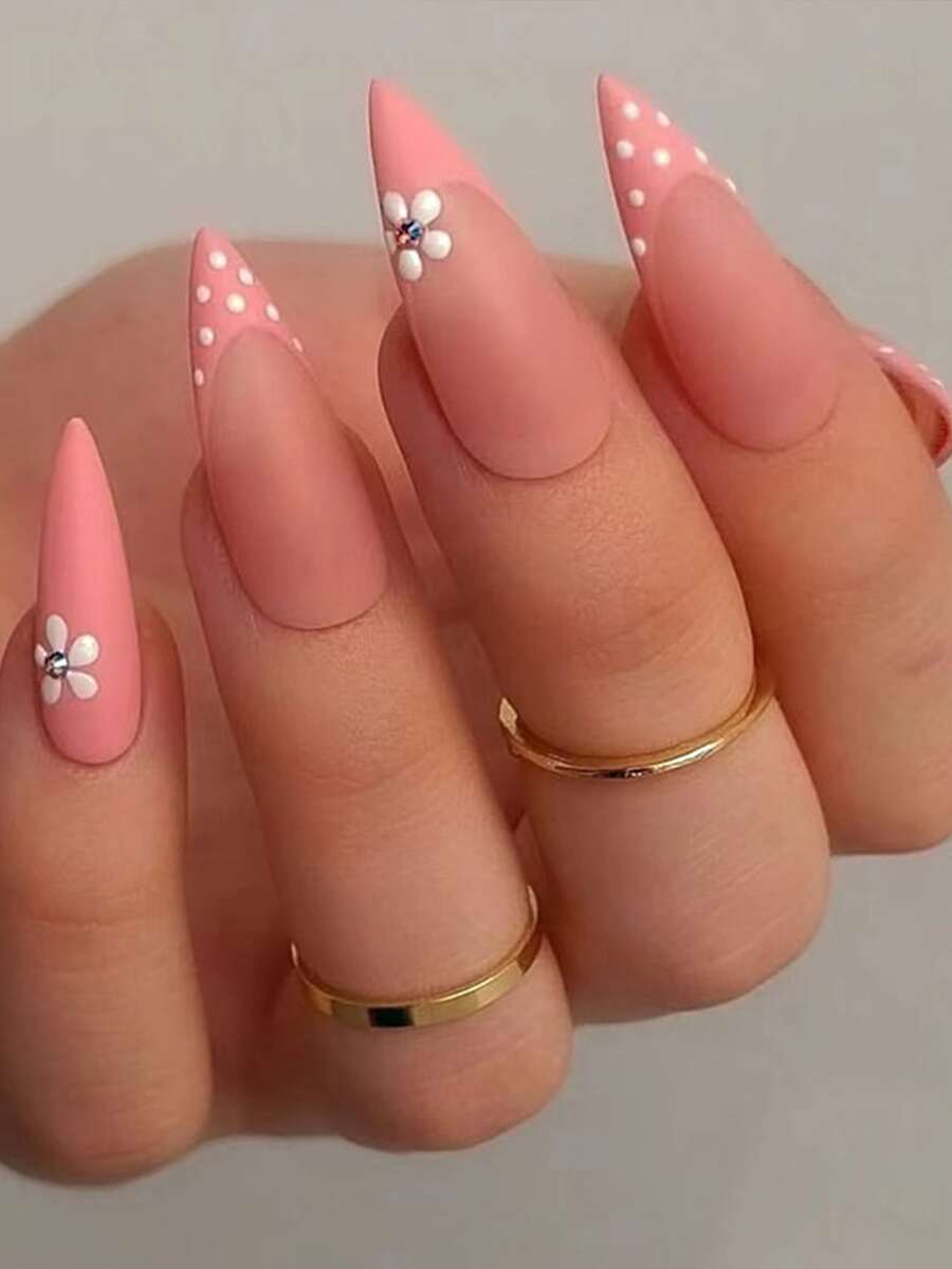 Instantly Upgrade Your Look With 24Pcs Long Almond French Flower Dots Fake Nail & 1Pc Nail File & 1Sheet Tape For Women And Girls Press On Nails Nail Supplies Nails - Multicolor - View 1