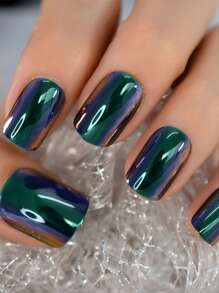 VV MEI JIA ER Transform Your Nails With 24pcs Long Square Holographic Mirror Effect Aurora Shimmer Metallic Fake Nail & 1pc Nail File & 1sheet Tape Press On Nails Nail Supplies - Blue - View 3