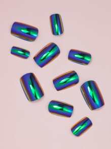 VV MEI JIA ER Transform Your Nails With 24pcs Long Square Holographic Mirror Effect Aurora Shimmer Metallic Fake Nail & 1pc Nail File & 1sheet Tape Press On Nails Nail Supplies - Blue - View 4