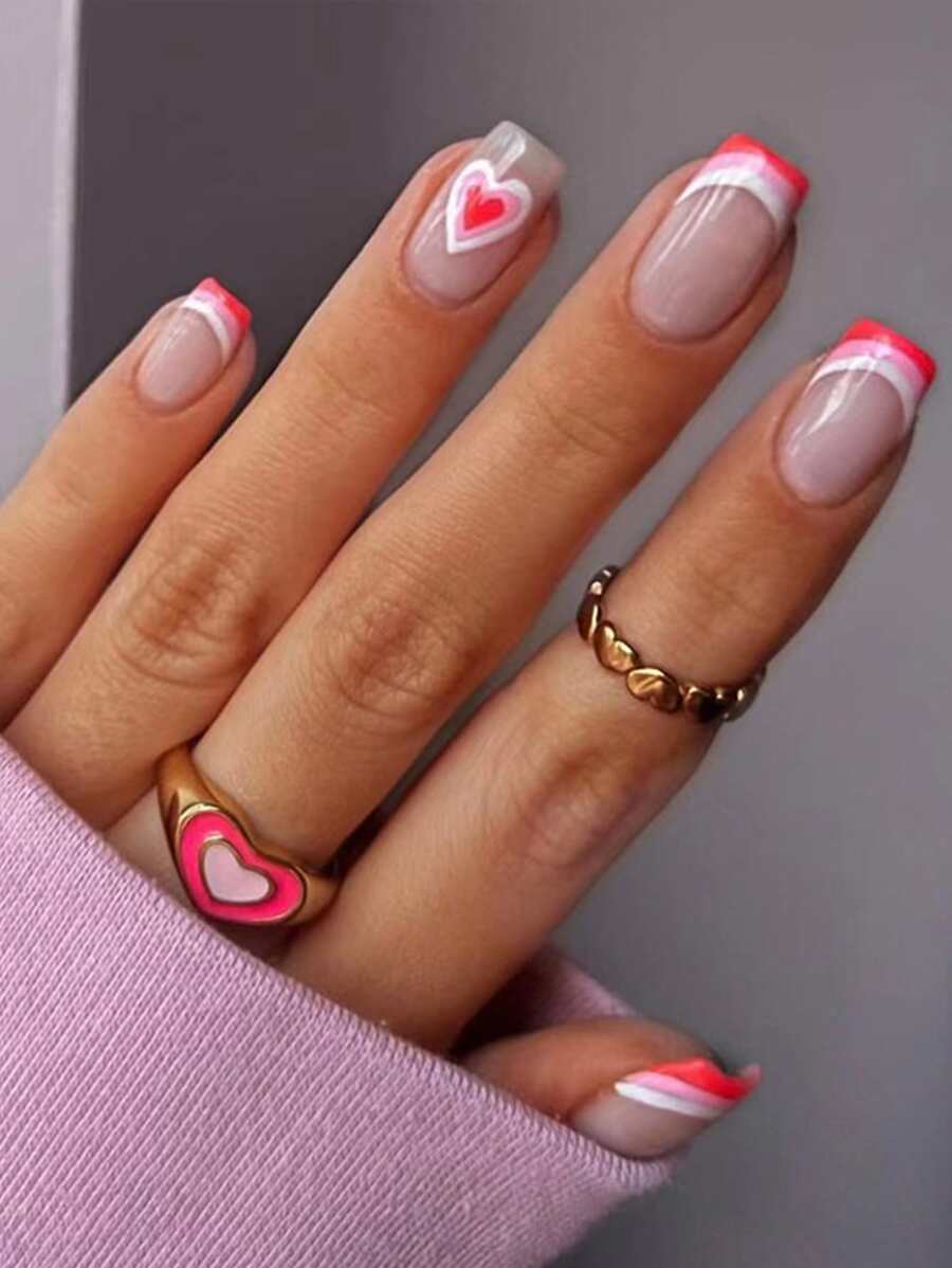 24 piezas Uña postiza corta cuadrada con patrón de corazón & 1 pieza lima de uñas & 1 hoja cinta - Multicolor - Ver 1