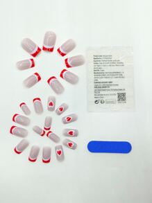 24 piezas Uña postiza corta cuadrada con patrón de corazón & 1 pieza lima de uñas & 1 hoja cinta - Multicolor - Ver 2