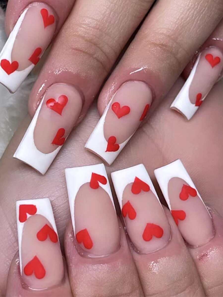 Transform Your Nails With 24pcs Short Square White French Heart Pattern Fake Nail & 1pc Nail File & 1sheet Tape - Multicolor - View 1