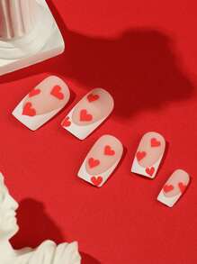 Transform Your Nails With 24pcs Short Square White French Heart Pattern Fake Nail & 1pc Nail File & 1sheet Tape - Multicolor - View 2