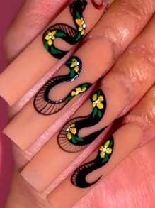 24pcs Long Coffin Floral Pattern Fake Nail & 1pc Nail File & 1sheet Tape - Multicolor - View 1