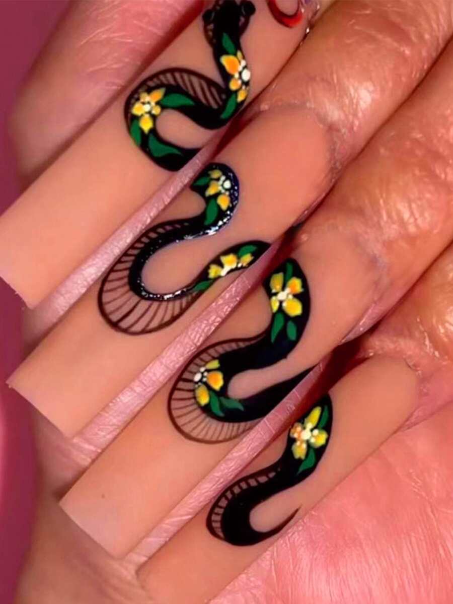 24pcs Long Coffin Floral Pattern Fake Nail & 1pc Nail File & 1sheet Tape - Multicolor - View 1