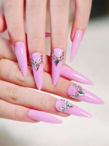 24pcs Long Stiletto 3D Rhinestone Decor Fake Nail & 1pc Nail File & 1sheet Tape - Multicolor - View 1