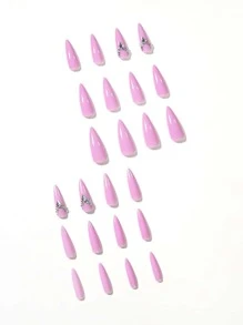 24pcs Long Stiletto 3D Rhinestone Decor Fake Nail & 1pc Nail File & 1sheet Tape - Multicolor - View 2