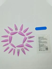 24pcs Long Stiletto 3D Rhinestone Decor Fake Nail & 1pc Nail File & 1sheet Tape - Multicolor - View 3