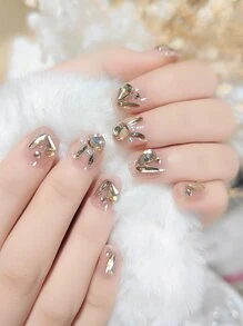 Upgrade Your Look with 24pcs Short Square 3D Rabbit Head Decor Fake Nail & 1pc Nail File & 1sheet Tape For women And Girls - Multicolor - View 1