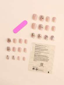 Upgrade Your Look with 24pcs Short Square 3D Rabbit Head Decor Fake Nail & 1pc Nail File & 1sheet Tape For women And Girls - Multicolor - View 3