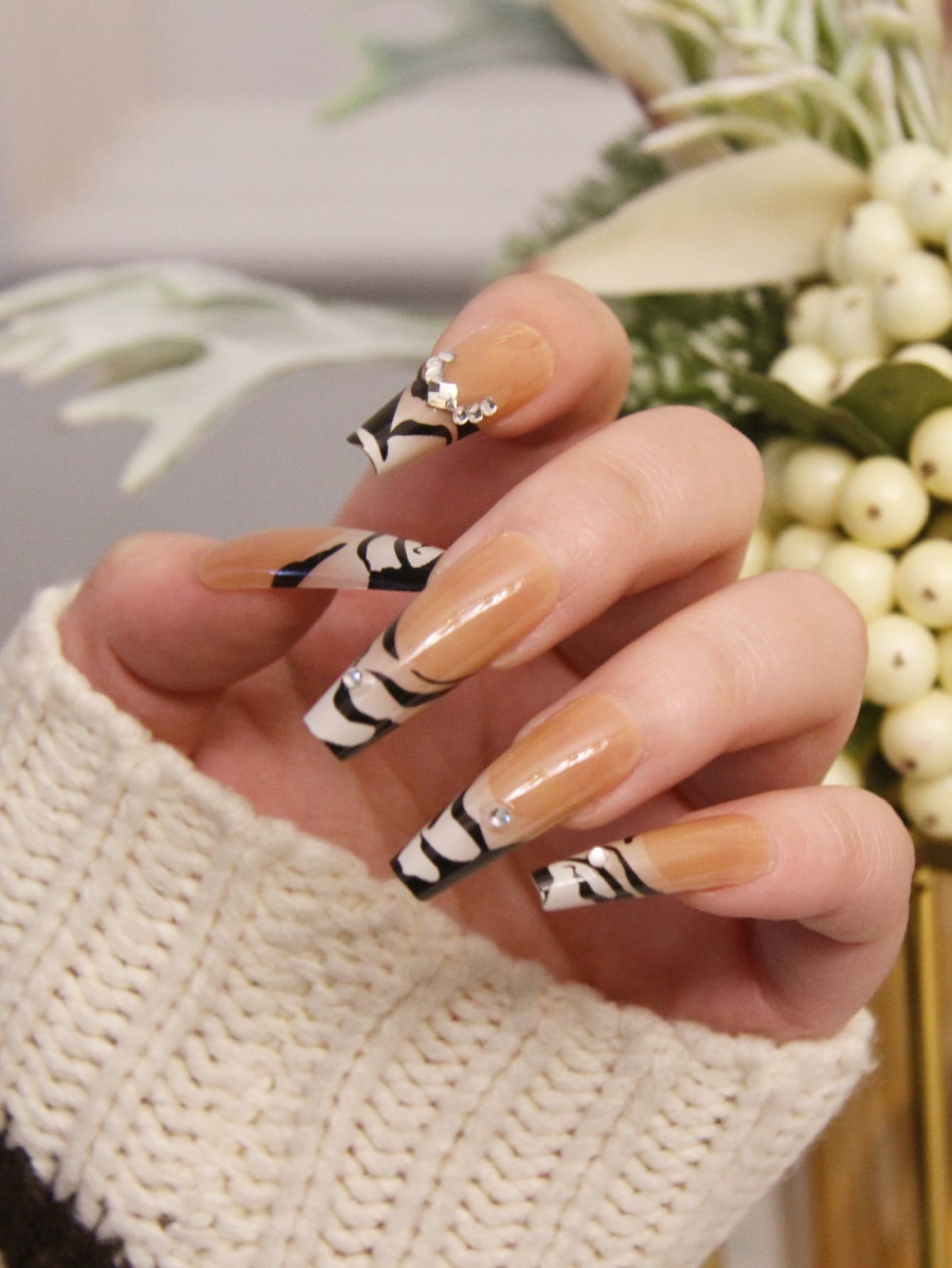 24pcs Long Coffin Zebra Stripe Pattern Fake Nail & 1pc Nail File & 1sheet Tape - Multicolor - View 1