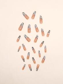 24pcs Long Coffin Zebra Stripe Pattern Fake Nail & 1pc Nail File & 1sheet Tape - Multicolor - View 2