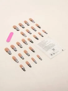 24pcs Long Coffin Zebra Stripe Pattern Fake Nail & 1pc Nail File & 1sheet Tape - Multicolor - View 3