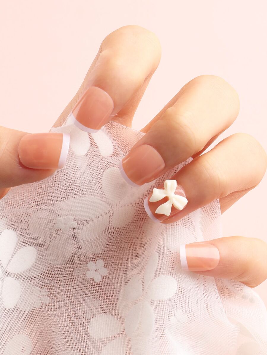 FULL BEAUTY 24pcs Short Square 3D Bow Decor Fake Nail - Dusty Pink - View 1