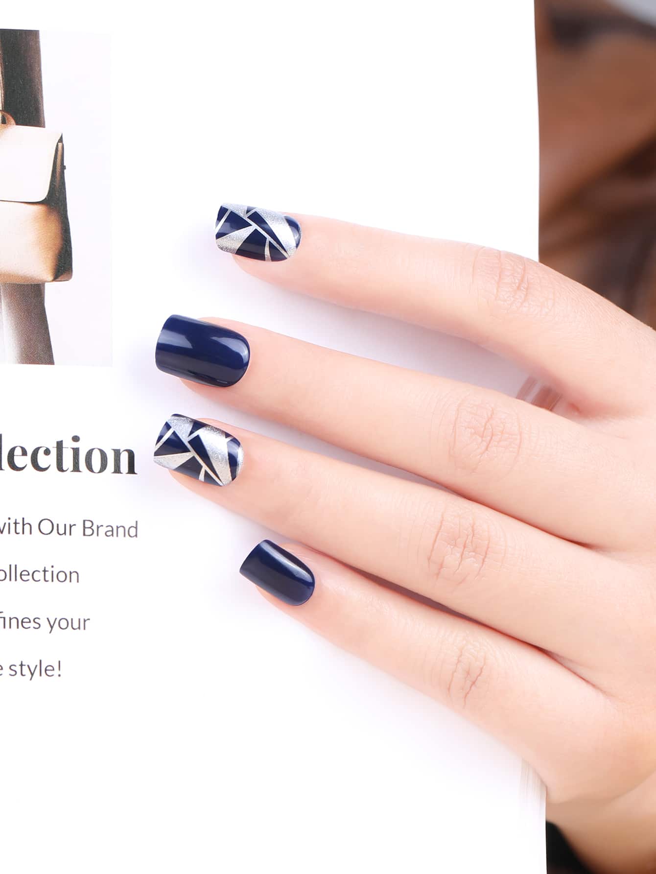 fengshangmei 24pcs Short Square Geometric Pattern Fake Nail & 1pc Nail File & 1sheet Tape & 1pc Nail Remover Stick - Multicolor - View 1