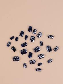 fengshangmei 24pcs Short Square Geometric Pattern Fake Nail & 1pc Nail File & 1sheet Tape & 1pc Nail Remover Stick - Multicolor - View 2