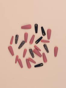 fengshangmei 24pcs Long Coffin Leopard Pattern Fake Nail & 1pc Nail File & 1sheet Tape & 1pc Nail Remover Stick - Multicolor - View 2