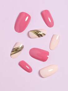 VV MEI JIA ER Instantly Upgrade Your Look With 24Pcs Long Oval Pink Glitter Striped Pattern Fake Nail & 1Pc Nail File & 1Sheet Tape Press On Nails Nail Supplies Nails - Multicolor - View 2