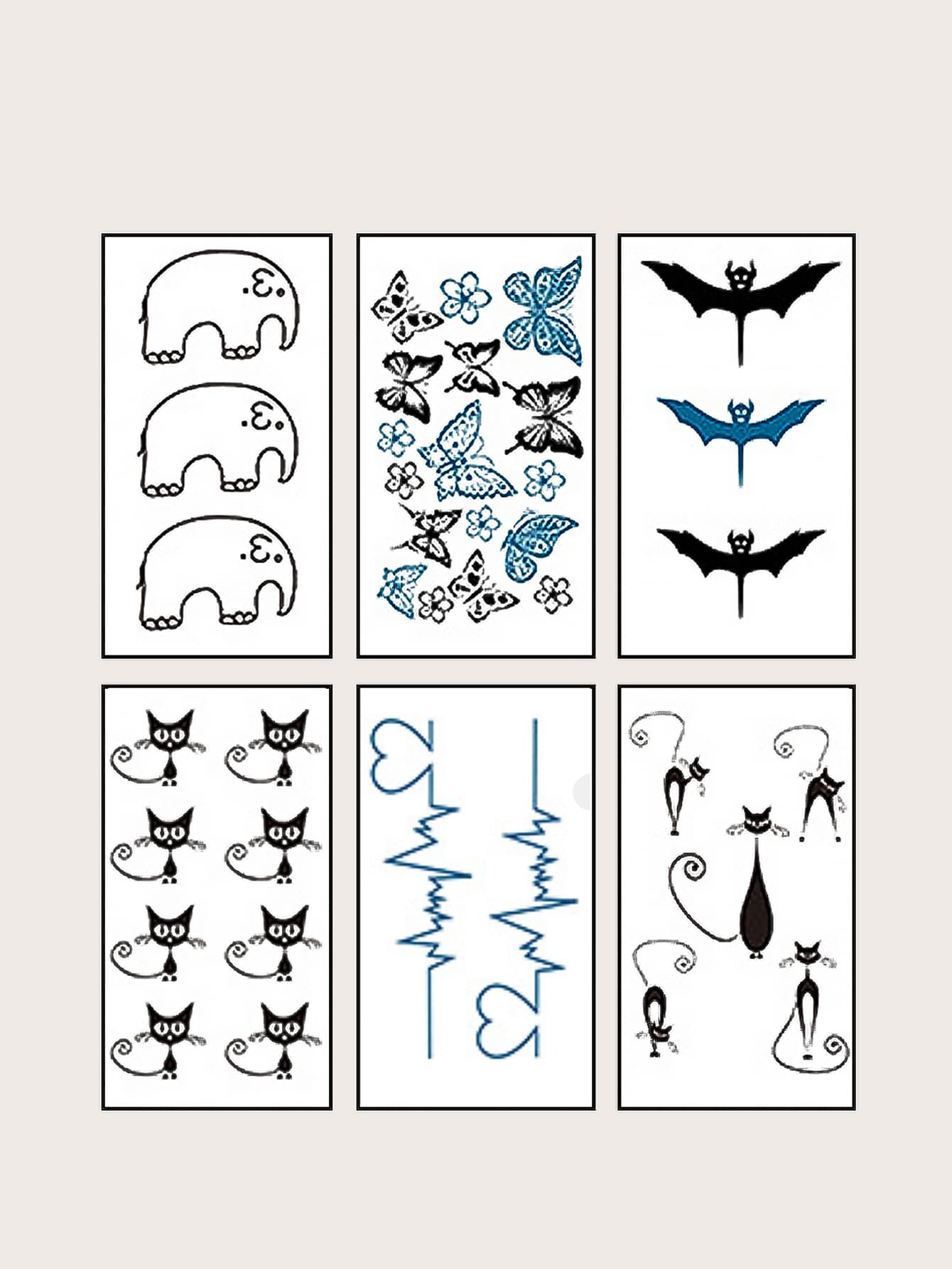 6 Blätter Tattoo Aufkleber mit Fledermaus & Schmetterling Muster - Verschiedenfarbig - Übersicht 1
