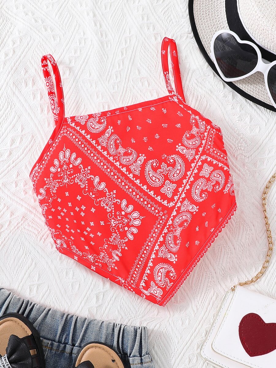 SHEIN Girls Paisley Print Bandana Cami Top - Red - View 1