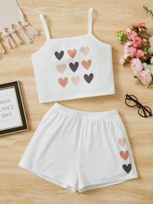 SHEIN Tween Girl Heart Print Cami Top & Shorts PJ Set - White - View 1