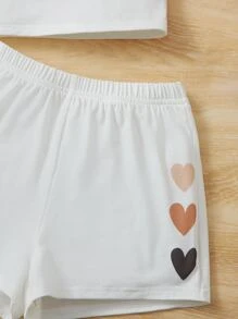 SHEIN Tween Girl Heart Print Cami Top & Shorts PJ Set - White - View 3