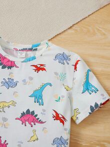 SHEIN Girls Dinosaur Print Tee & Shorts PJ Set - Multicolor - View 4