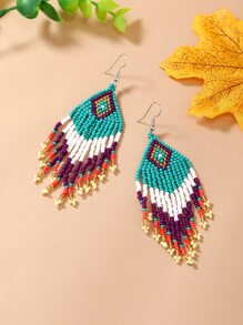 1雙波西米亞風格鳳凰尾巴有圖案串珠耳環手工帶彩色珠子適用於女士日常穿著 - 彩色 - 查看 2