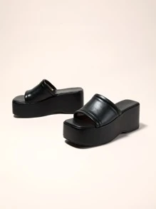 Women's Square Toe Platform Wedge Heel Summer Mule Sandals, Sexy Casual Peep Toe Slip-On Breathable Leather