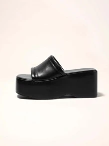 Women's Square Toe Platform Wedge Heel Summer Mule Sandals, Sexy Casual Peep Toe Slip-On Breathable Leather