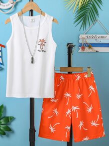 SHEIN Tween Boy椰子樹印花背心和短褲