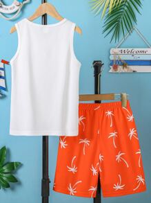 SHEIN Tween Boy椰子樹印花背心和短褲