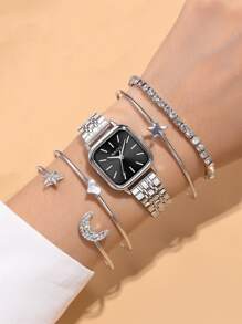 NAIDU 5pcs/Set Fashion Square Steel Band Ladies Watch