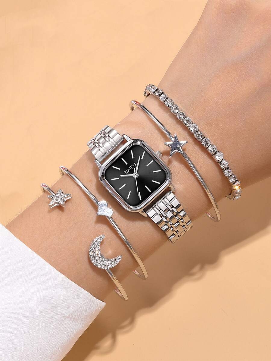 NAIDU 5pcs/Set Fashion Square Steel Band Ladies Watch