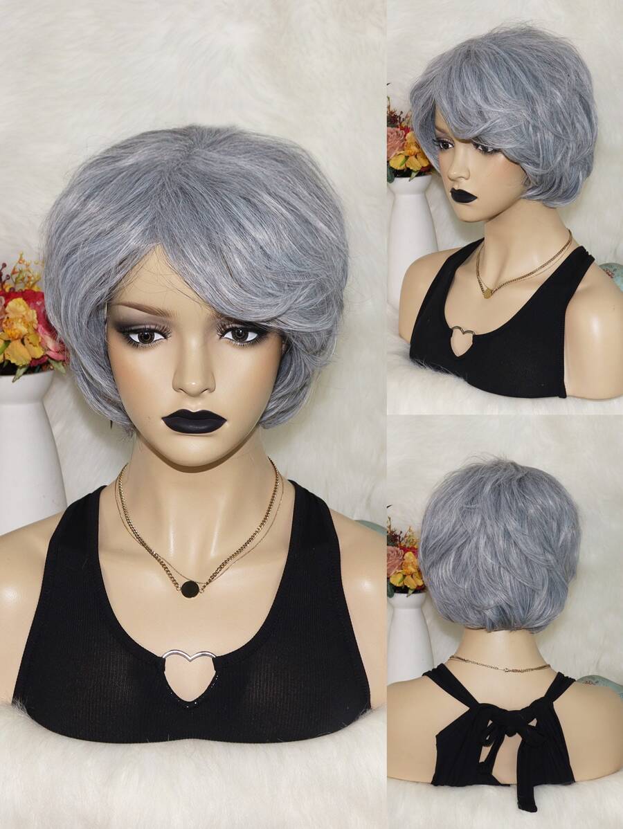 老女士角色扮演假髮帶劉海直筒灰色短合成纖維無膠耐熱纖維頭髮高密度奶奶角色扮演假髮學校萬聖節耶誕節裝配件和1入組假髮帽 - 灰色 - 查看 1