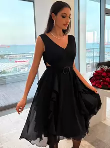 Ruffle Trim Cut Out Waist O-ring Asymmetrical Hem Dress - màu đen - Xem 1