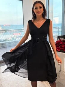 Ruffle Trim Cut Out Waist O-ring Asymmetrical Hem Dress - màu đen - Xem 4
