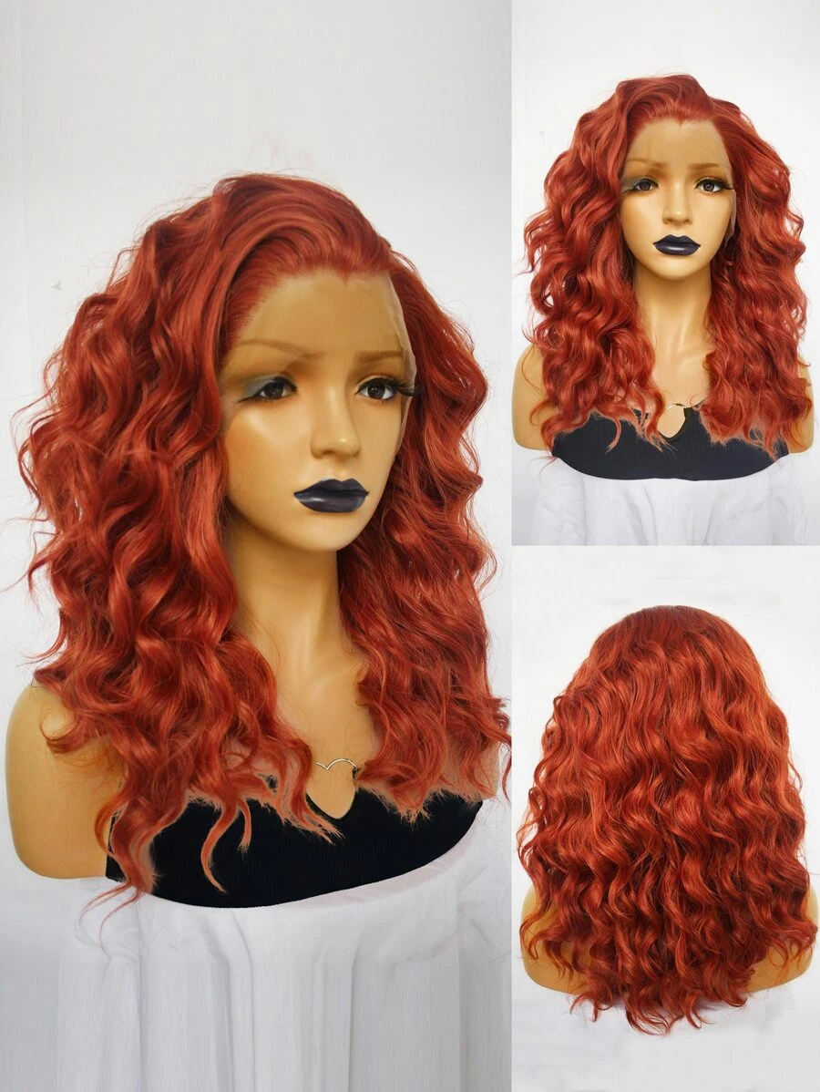 13*1.5 Synthetic Lace Front Wigs Medium Length Copper Red Natural Wavy Curly Lace Front Wig for Fashion Charming Women Daily Party Use Glueless Heat Resistant Fiber Hair 130% High Density 18 inch Loose Water Wave Free Part Natural Pre-Plucked Hairline HD Transparent Lace Wig & 1pc Wig Cap - Red - View 1