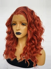 13*1.5 Synthetic Lace Front Wigs Medium Length Copper Red Natural Wavy Curly Lace Front Wig for Fashion Charming Women Daily Party Use Glueless Heat Resistant Fiber Hair 130% High Density 18 inch Loose Water Wave Free Part Natural Pre-Plucked Hairline HD Transparent Lace Wig & 1pc Wig Cap - Red - View 5