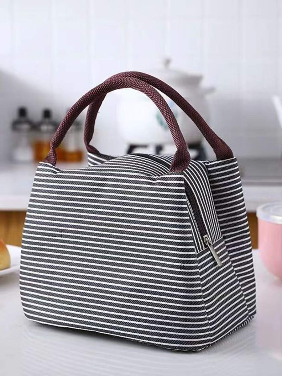 1pc Striped Print Lunch Bag - Black - View 1